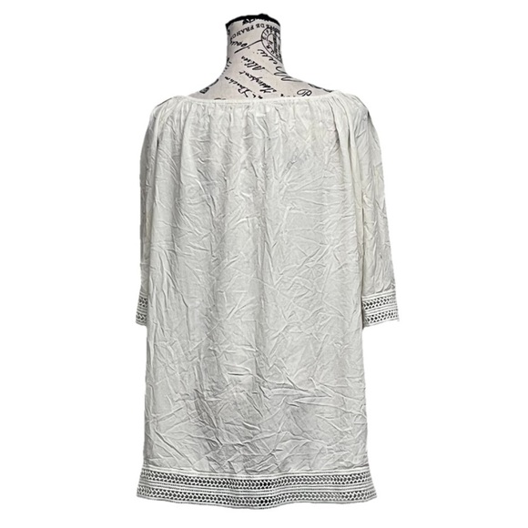 Aimage Women’s Cream Ivory Pintuck Boho Tunic Mini Dress L Semi Sheer Crochet - Picture 5 of 11